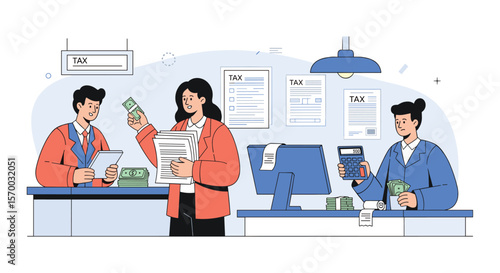 Bank tellers processing financial transactions and serving customers at counters with computer equipment and documents