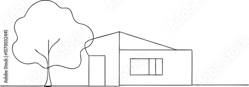 Simple Residence Serenity: A minimalistic sketch captures the essence of home—a humble house stands beside a sheltering tree under a clear sky. It is a reminder of life's simpler pleasures.