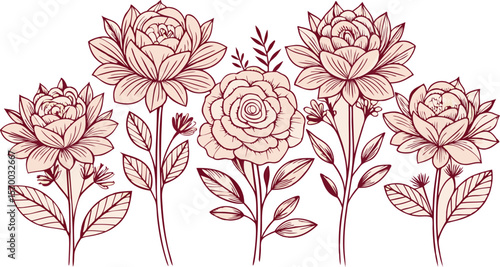 Floral Flourish: An elegant illustration of five exquisite flower blooms, showcasing intricate petals and verdant leaves in a delicate, artistic style. 