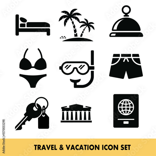 Travel and vacation icons depicting leisure and adventure essentials for global exploration needs