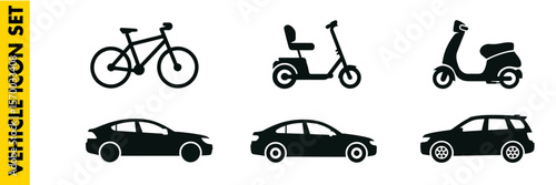 Silhouettes of various modes of transportation including bikes and cars in black and white set