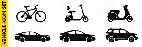 Silhouettes of various modes of transportation including bikes and cars in black and white set