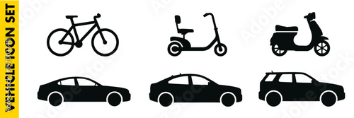 Silhouettes of various modes of transportation including bikes and cars in black and white set