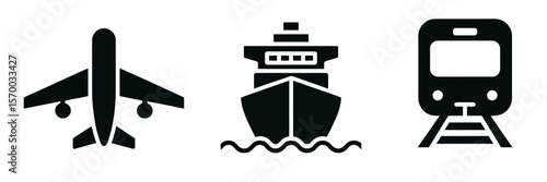 Airplane ship and train icons symbolizing travel and transportation modes in modern journeys