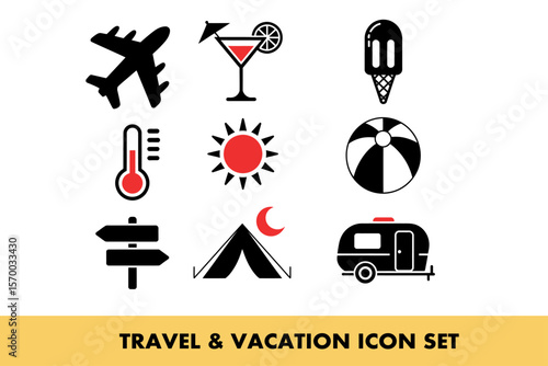 Travel and vacation icons depicting leisure and adventure essentials for global exploration needs