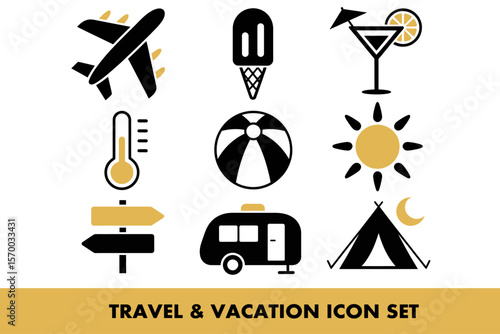 Travel and vacation icons depicting leisure and adventure essentials for global exploration needs