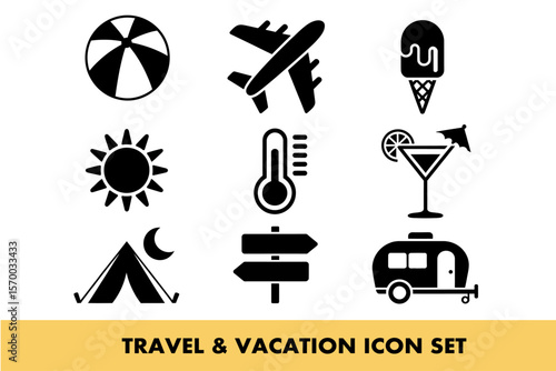 Travel and vacation icons depicting leisure and adventure essentials for global exploration needs