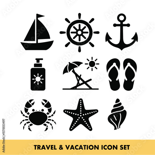 Travel and vacation icons depicting leisure and adventure essentials for global exploration needs