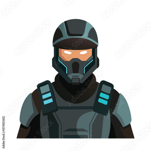Tactical mercenary with glowing visor and battle outfit Vector illustration