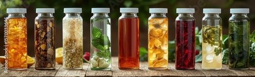 Bottles of different types of food are lined up on a table stylish wellness drinks drink background