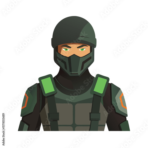 Modern mercenary in tactical armor and glowing gear Vector illustration
