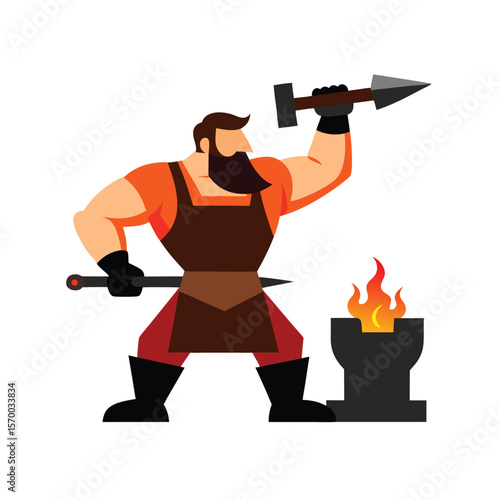 Muscular blacksmith hammering molten metal fiery design Vector illustration