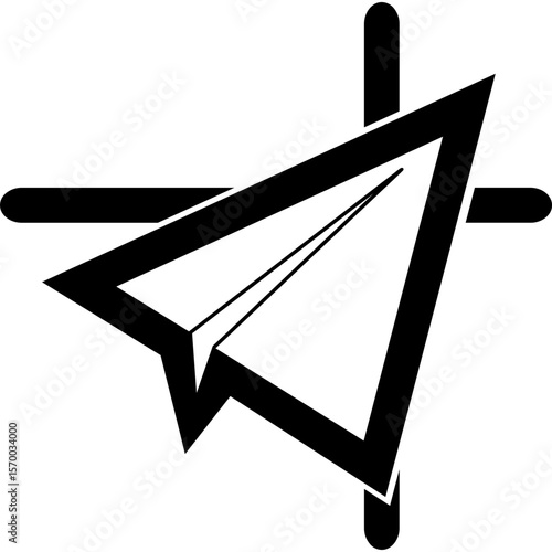 A paper airplane outline flies diagonally across a cross shape in a black and white minimalist design