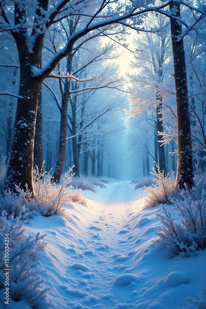 Naklejka premium Magical Winter Wonderland Forest Scene Frosted Trees, Glistening Path, Ethereal Glow