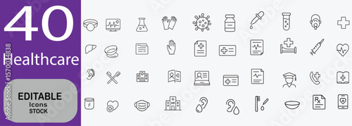  Collection of forty editable medical and healthcare line icons representing various symbols and elements