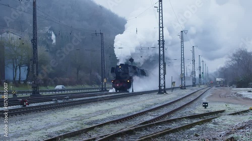 steam locomotive on railway in slow motion