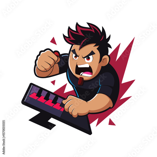 Gamer punching keyboard in glitch effect extreme rage Vector illustration