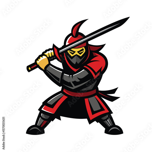 Calm samurai ready with katana blade in defensive posture Vector illustration