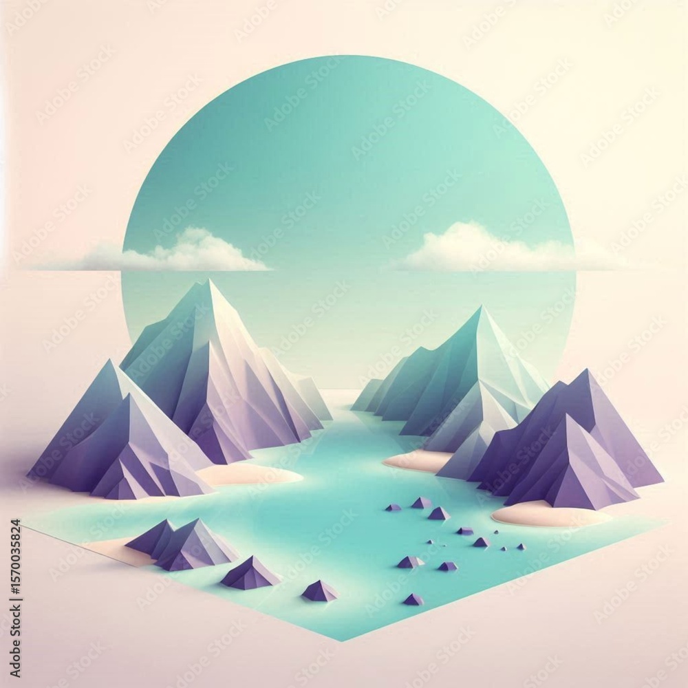 Surreal minimalistic landscape featuring mountains, moon, lake. Pastel shades of blue, pink, mint, purple. Wall art or wallpaper use. Surreal minimalistic landscape featuring mountains, moon, lake. Pastel shades of blue, pink, mint, purple. Wall art or wallpaper use.