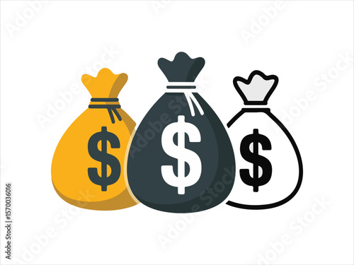 Three stylized money bags with dollar signs in different colors on a white background
