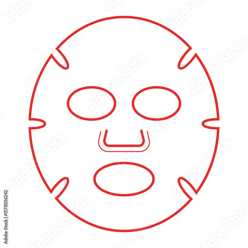 Illustration of a facial sheet mask with eye nose and mouth cutouts in a red outline on white