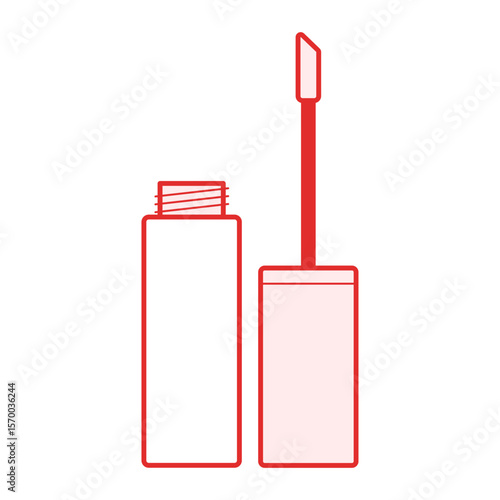 Illustration of an open lip gloss container with applicator and red outline on a white background