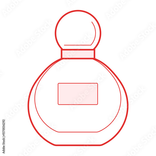 Illustration of a simple perfume bottle with a round shape and a rectangular label outline in red color