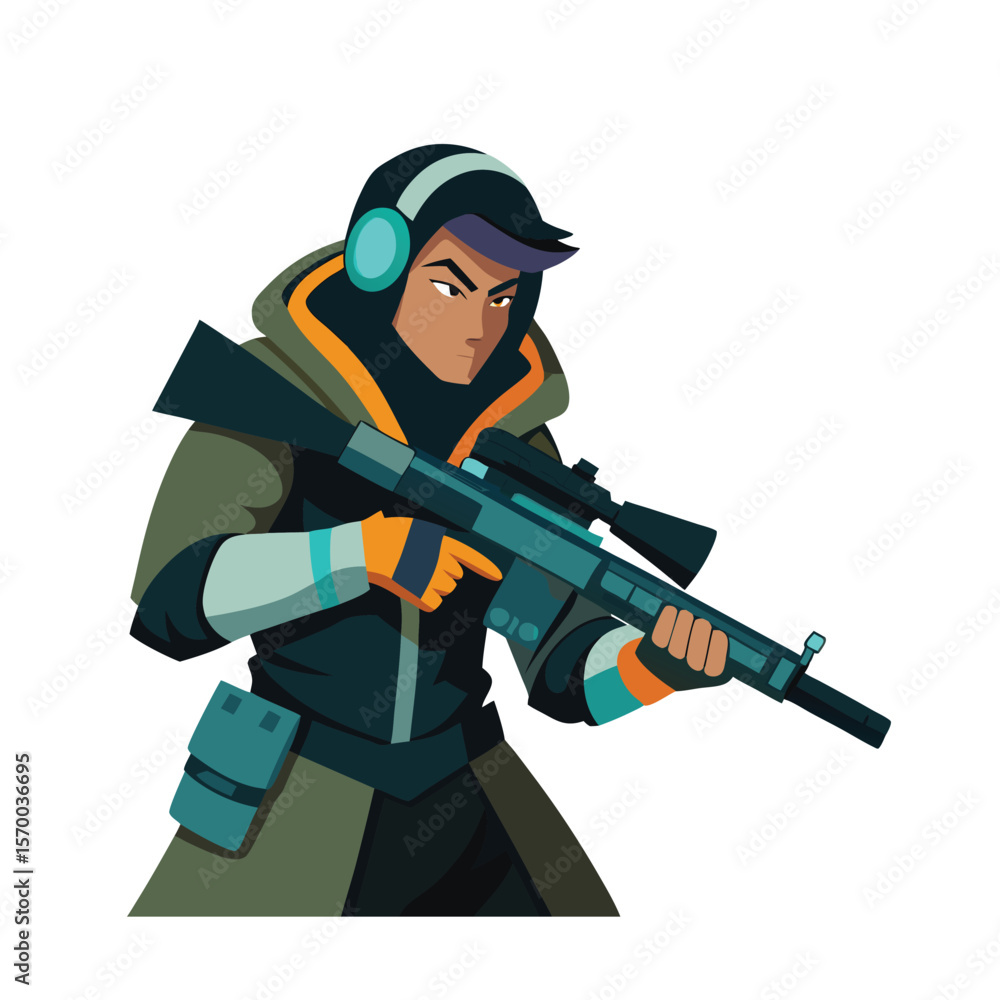 Obraz premium Sniper gamer with glowing scope and concentrated expression Vector illustration