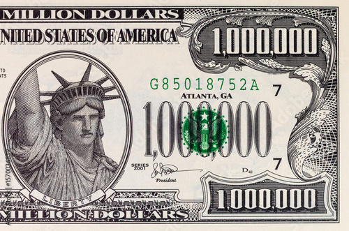 Souvenir banknote 1000000 dollars of the United States of America with the image of the Statue of Liberty. One million dollars. USA money
