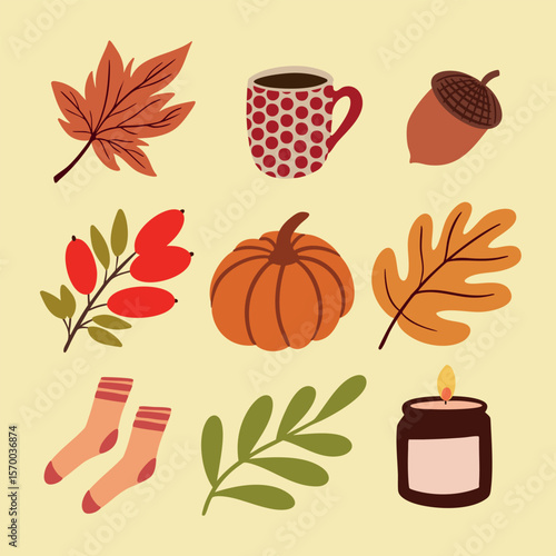 Set of autumn vector elements in cozy style. With pumpkin, coffee, candles and socks. 