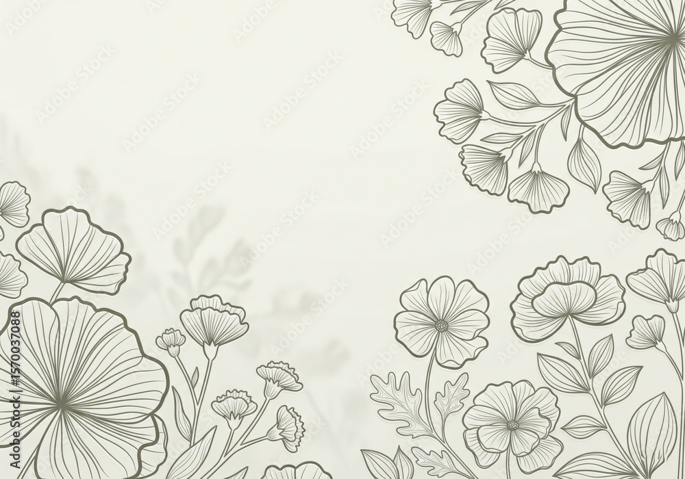 Fototapeta premium Elegant Floral Line Art Border. A serene backdrop featuring exquisite botanical outlines and subtle shadow overlays. This artwork embodies natural grace, tranquil beauty, and organic growth, ideal.