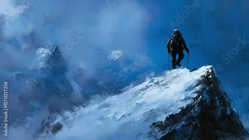 A lone climber stands atop a snow-covered peak, gazing at a vast, misty mountain range