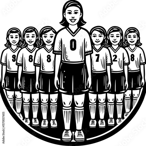 A team of girls in soccer uniforms smiling and ready for a sporting match illustration in black and white