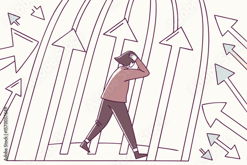 Conceptual illustration depicting overwhelmed individual navigating conflicting arrows and directional uncertainty on white background.