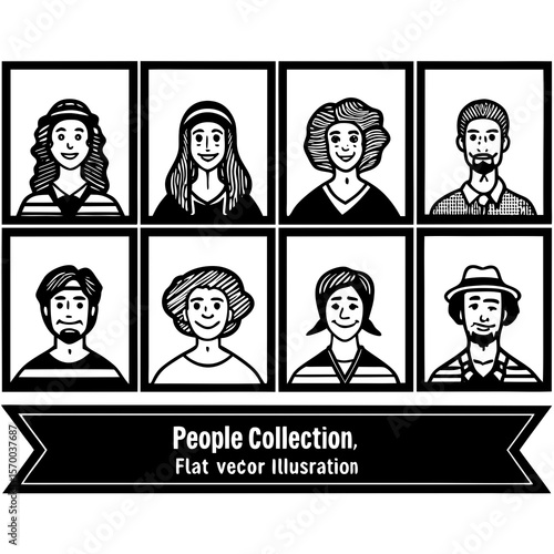 Diverse portraits collection in bold black and white flat vector illustration of various smiling people