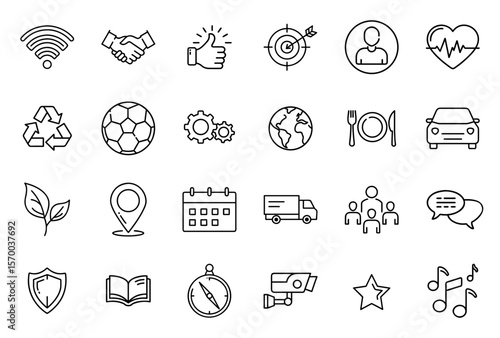 Set of line vector icons representing various concepts and activities including like, handshake, map point, heart, star, calendar, user profile, group, globe and others