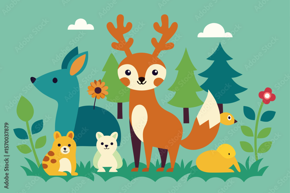 Naklejka premium Whimsical Woodland Animals with Forest Elements