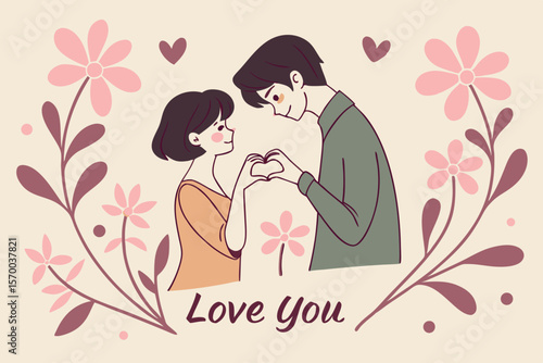 Romantic illustration of a loving couple forming a heart shape with flowers and transparent design