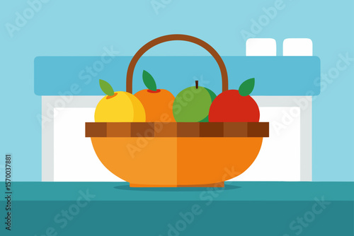 Wicker Basket with Fresh Fruits on Kitchen Table