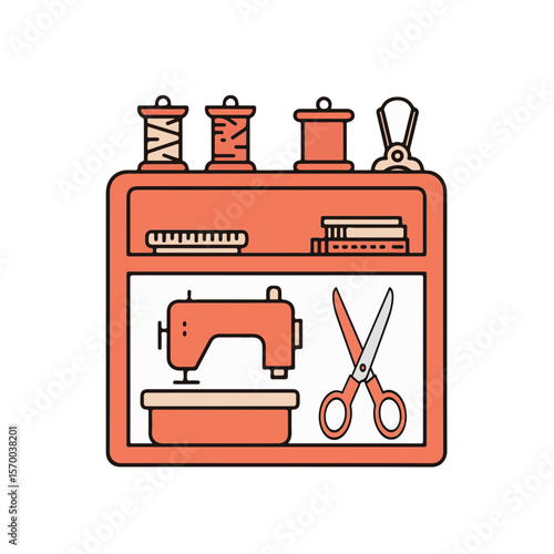 Organized sewing supplies neatly arranged inside a shelf.