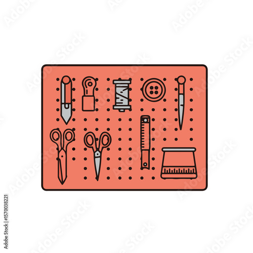 Crafting tools neatly arranged on a pegboard.