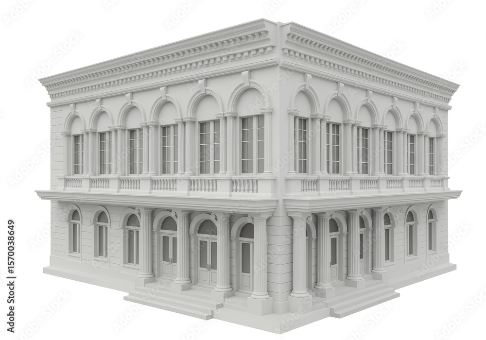 Obraz premium Isolated Ornate White Building with Arches and Balconies