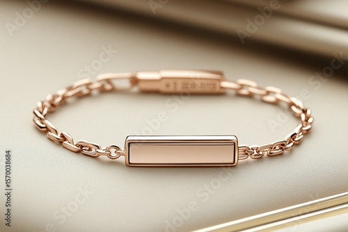 Rose Gold Minimalist Bar Bracelet With Delicate Chain On Beige Fabric Background