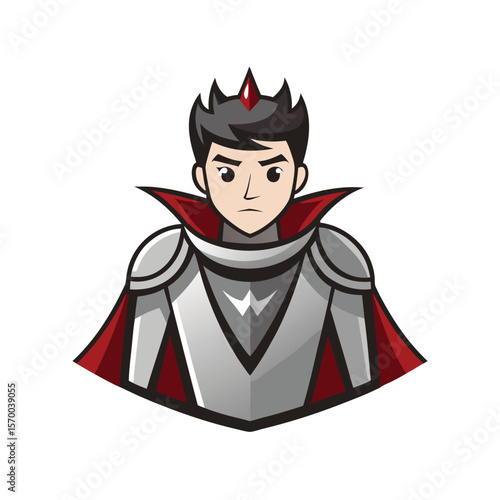 Young knight in silver armor with royal cape heroic pose Vector illustration