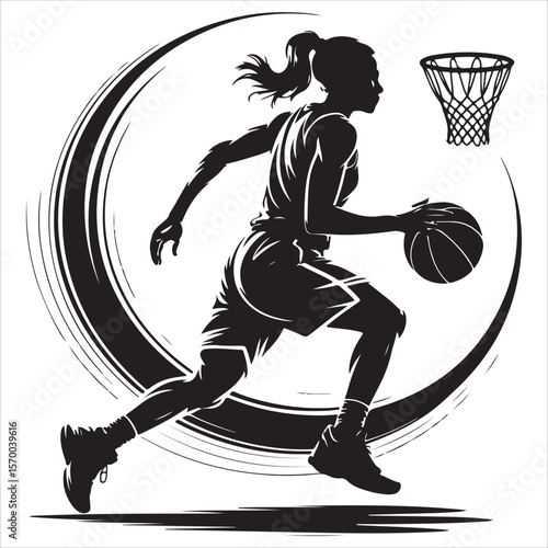 Dynamic silhouette of a female basketball player dribbling towards the hoop