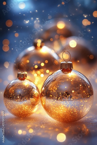 Sparkling Christmas Ornaments On A Reflective Surface