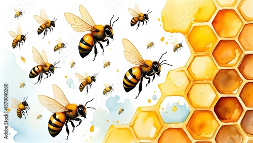 Honeycomb with bees illustration, honey bee drawing, watercolor bee and honey art