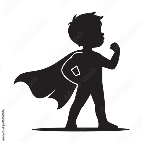 Silhouette of a young boy wearing a superhero cape and flexing his arm