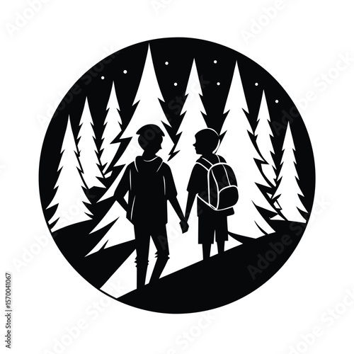 Silhouette brother, Two boys holding hands in a forest scene silhouette vector illustration