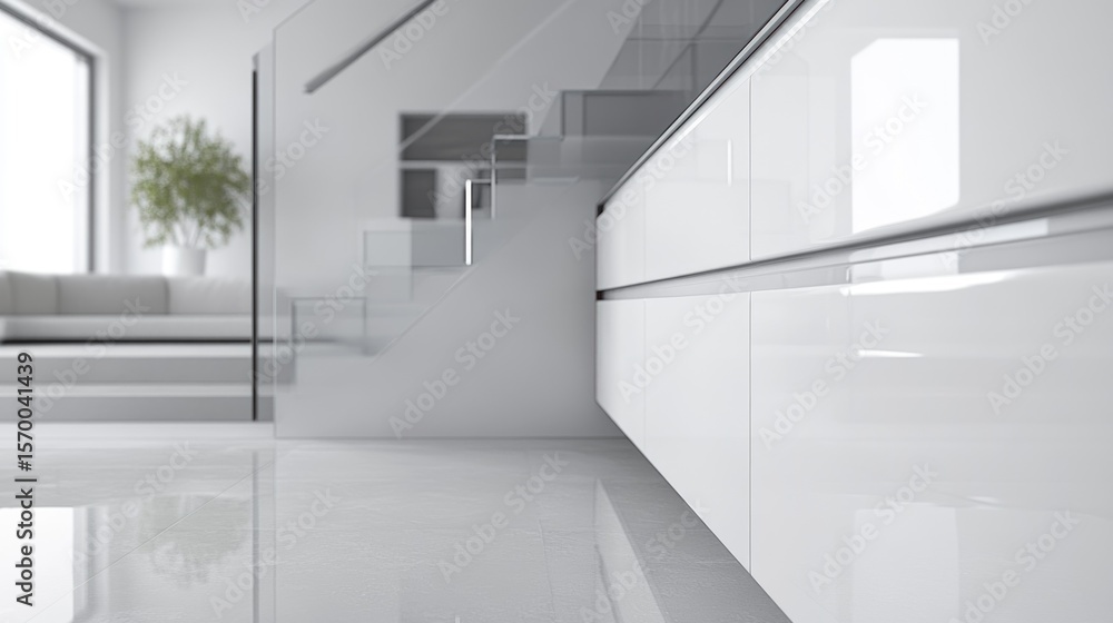 Fototapeta premium Modern white kitchen with stairs